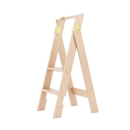 Putnam Rolling Ladder 2 Step Red Oak Step Stool 250 lb. Load Capacity Satin Brass PL.100-RO.SB